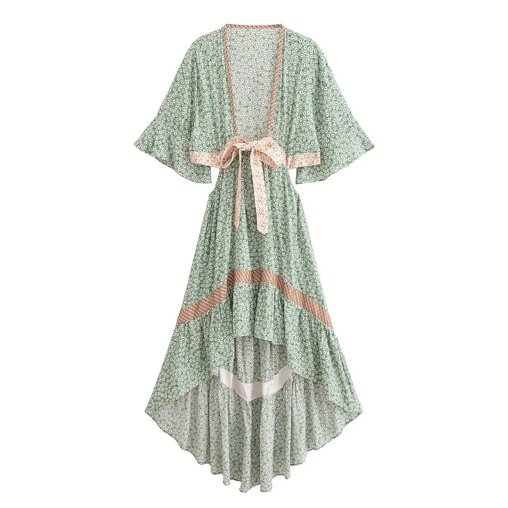 Bohemian Hollow Out Beach Dress — Short Sleeve High-Low Boho Maxi Dress