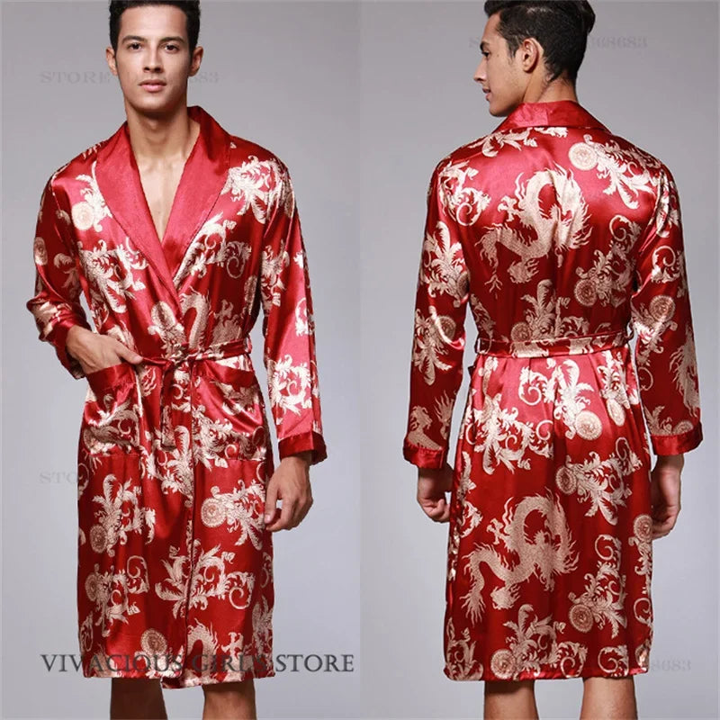 Men's Dragon Print Kimono Bathrobe — Plus Size Satin Robe