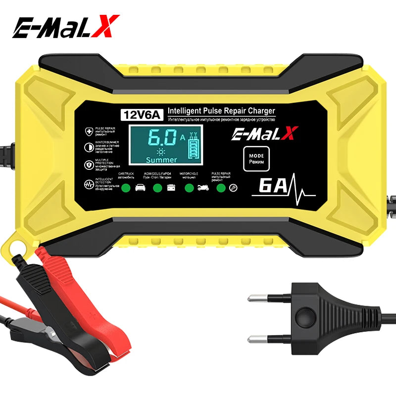 12V 6A Smart Car Battery Charger – Pulse Repair LiFePO4 14.6V Fast Charge AGM GEL Lead-Acid for Auto & Motorcycle