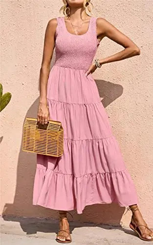 Elastic Waist Big Swing Floral Beach Party Long Dress — Sleeveless Elegant Summer Dress