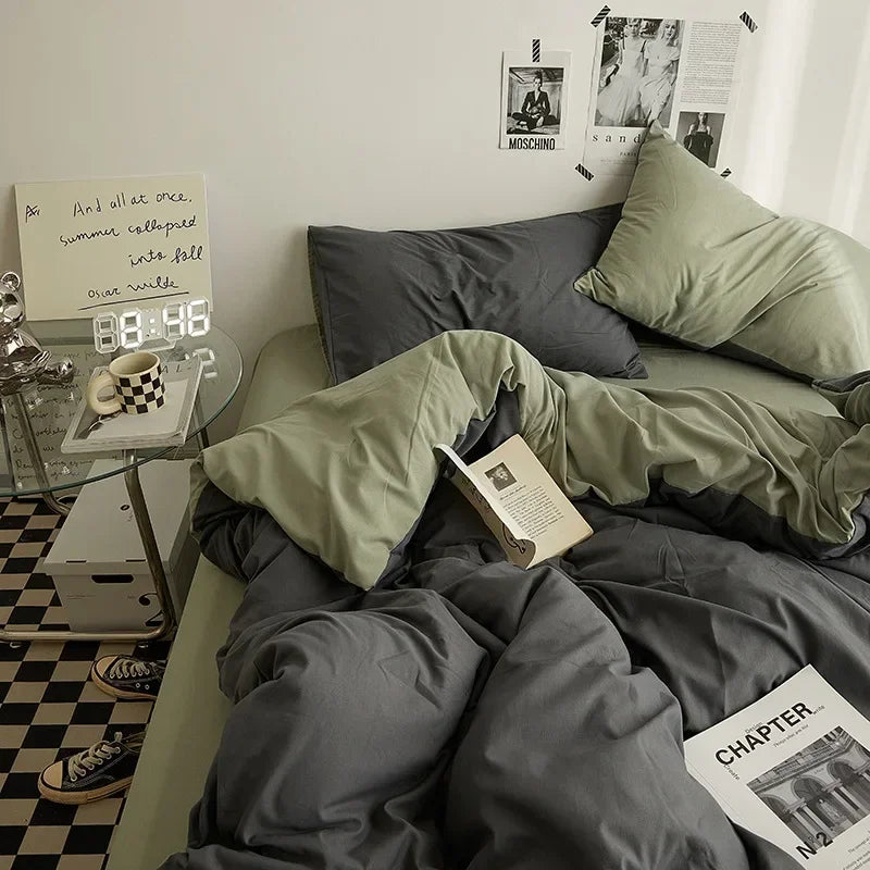 Solid Color Washed Cotton Bedding Set – 4-Piece Duvet Cover, Bed Sheet & Pillowcases, Twin to King