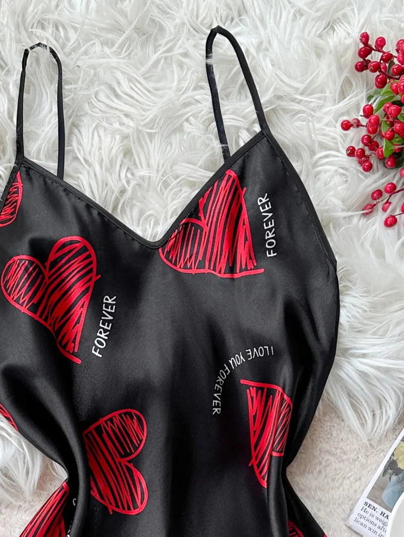 Red Lip Print Satin Slip Nightdress — V-Neck Backless Mini Sleep Dress