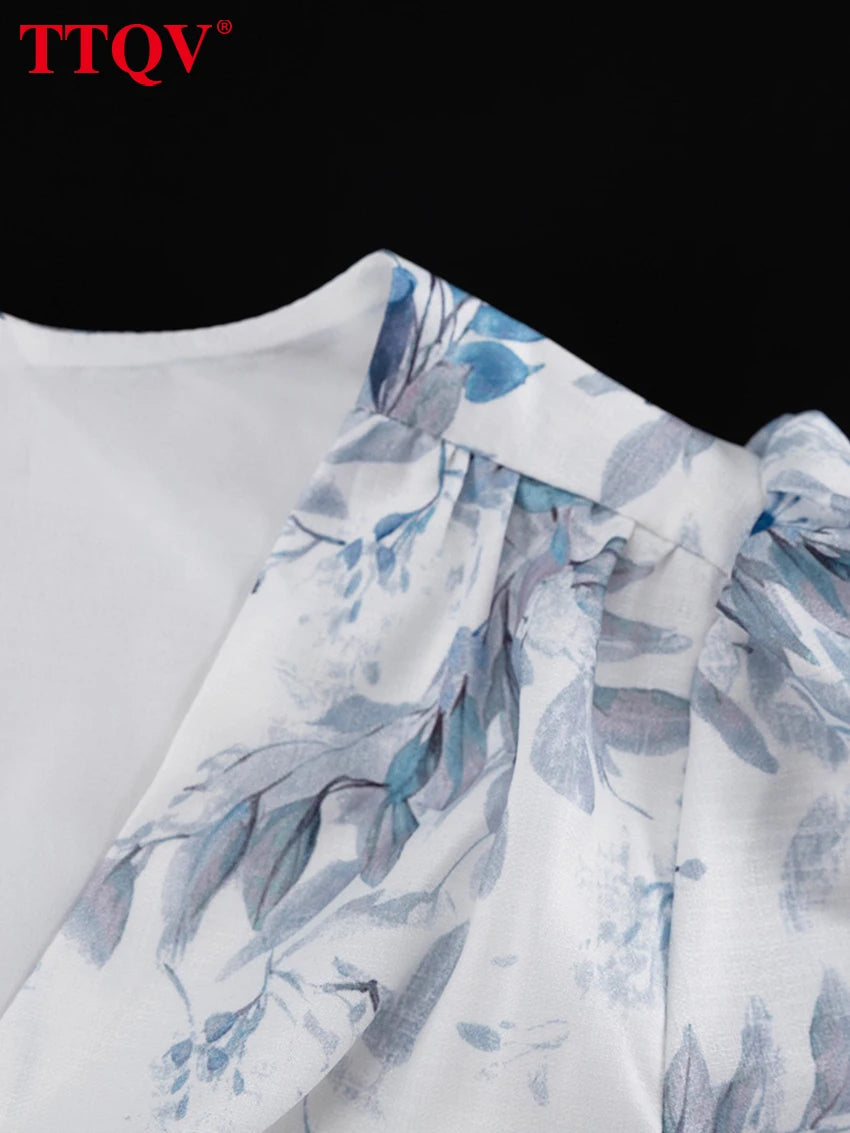 Women's Slim Print V-Neck Ruffle Mini Dress – Elegant Short Sleeve Streetwear Dress 2026