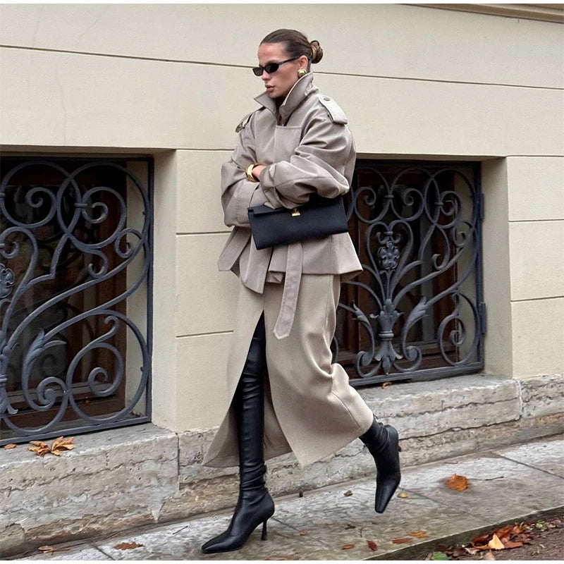 Women's Lace-Up Cropped Trench Coat – Wide Shoulder Windbreaker Jacket