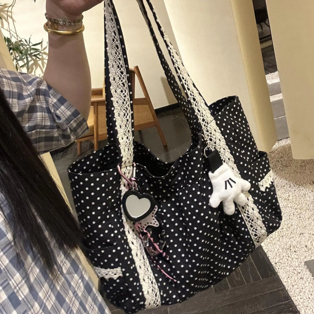 Korean Vintage Canvas Shoulder Bag – Cute Lace Large Capacity Tote & Underarm Handbag for Women