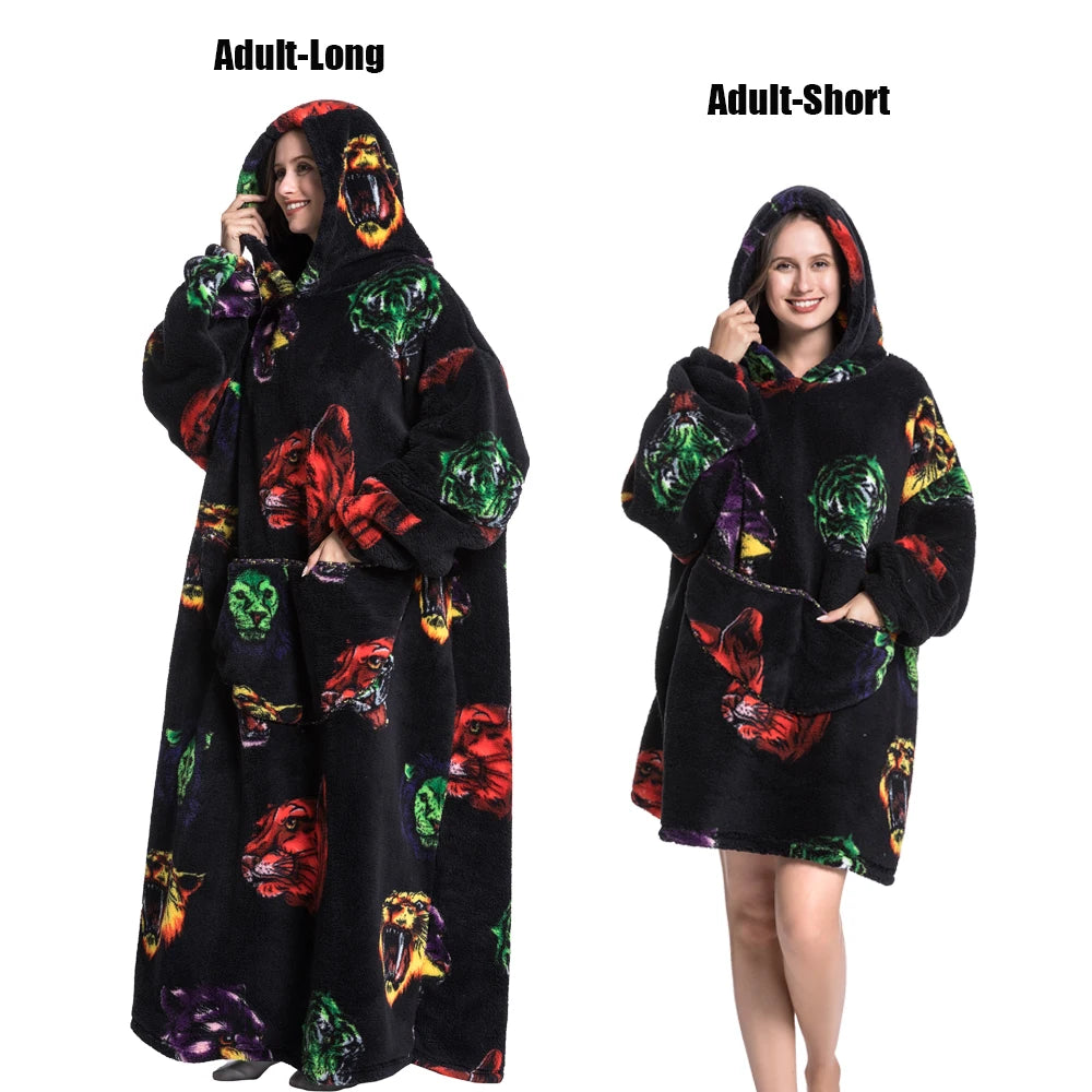 Oversized Wearable Blanket Hoodie – Plush Fleece with Sleeves, Hood & Pocket, 40 Designs