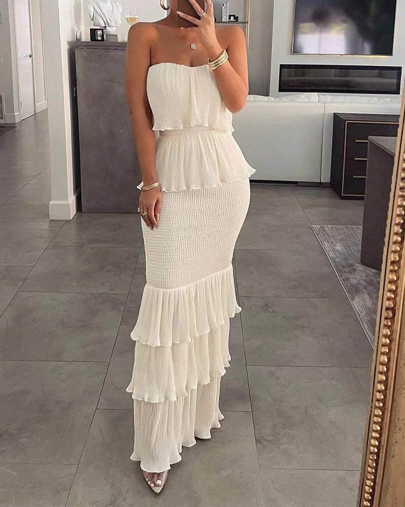 Bandeau Shirred Ruffle Layered Maxi Dress — Slim Fit Sleeveless Elegant Long Dress