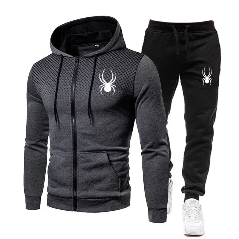 Men's Spider Print Zip Hoodie & Stretch Jogger Pants Fitness Tracksuit – 2-Piece