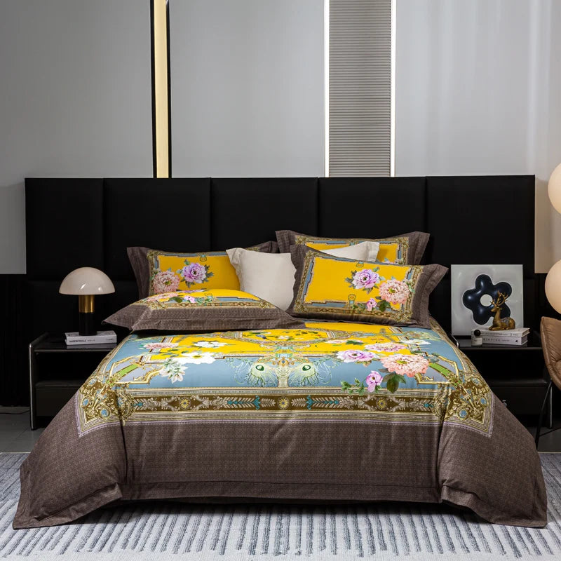 600TC Egyptian Cotton Bedding Set – Birds & Flowers Leaf Print, 16 Colors, Queen to US King