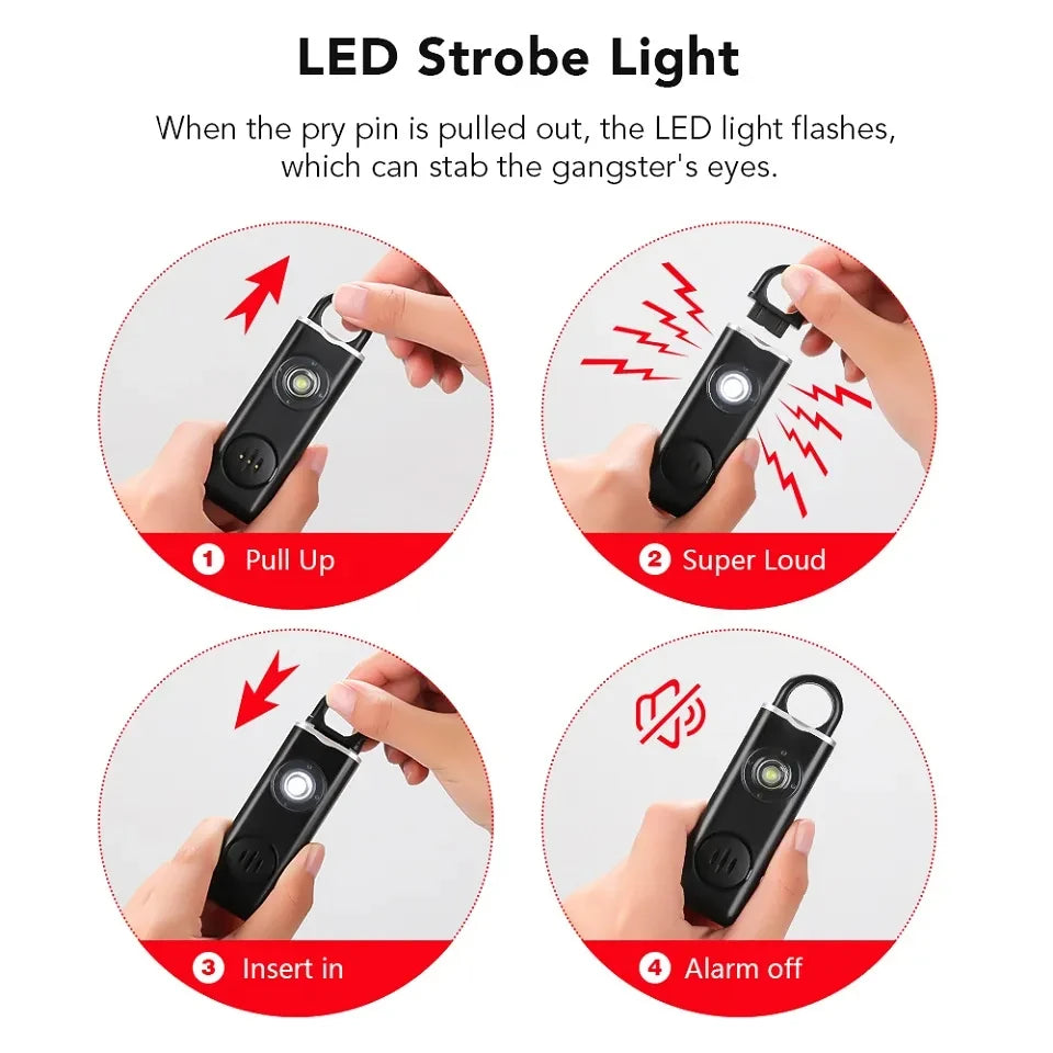 130dB Personal Safety Alarm Keychain with LED Light – Rechargeable Self Defense