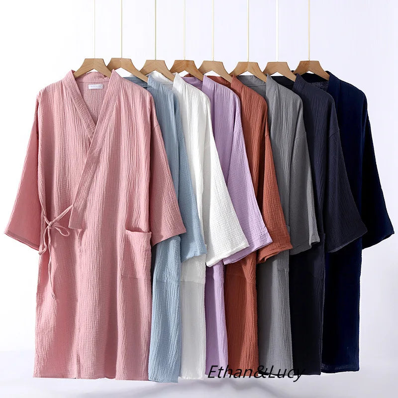 Couples 100% Cotton Crepe Gauze Robe | Long-Sleeve V-Neck Kimono Wedding Bathrobe