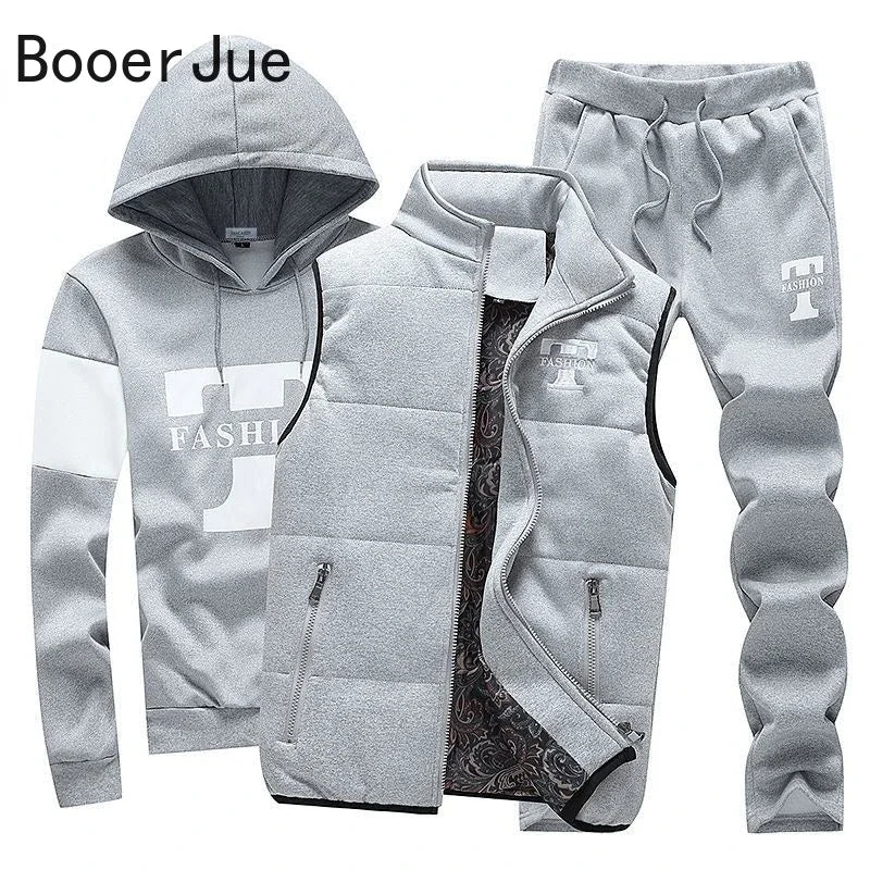 Men's 3-Piece Winter Tracksuit – Hoodie, Vest & Pants Thick Warm Set