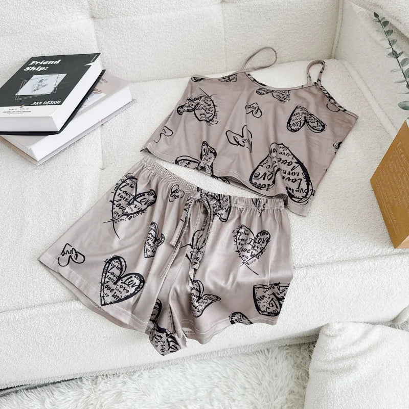 Women's Ice Silk Print Pajama Set | Round Neck T-Shirt & Shorts Breathable Homewear