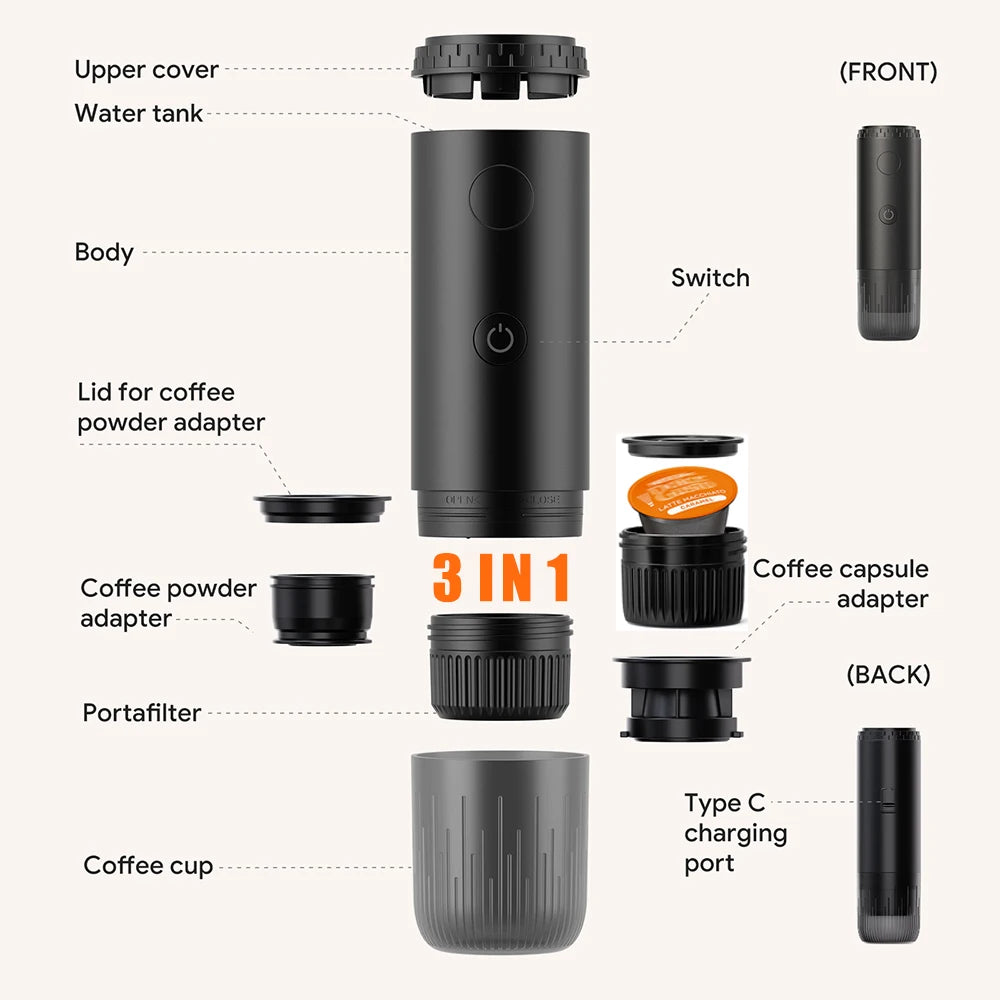 Espresso on the Go — 2-in-1 Portable Capsule & Powder Coffee Maker | USB-Powered, Nespresso & Dolce Gusto Compatible