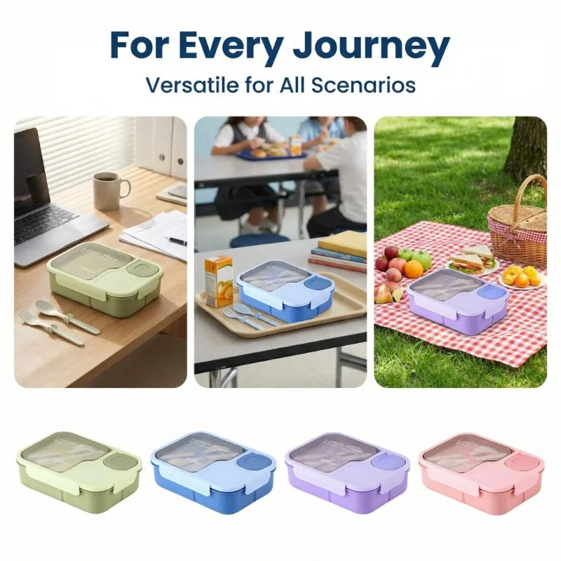 Versatile lunch boxes in different colors with images of use scenarios including a desk, classroom, and picnic.