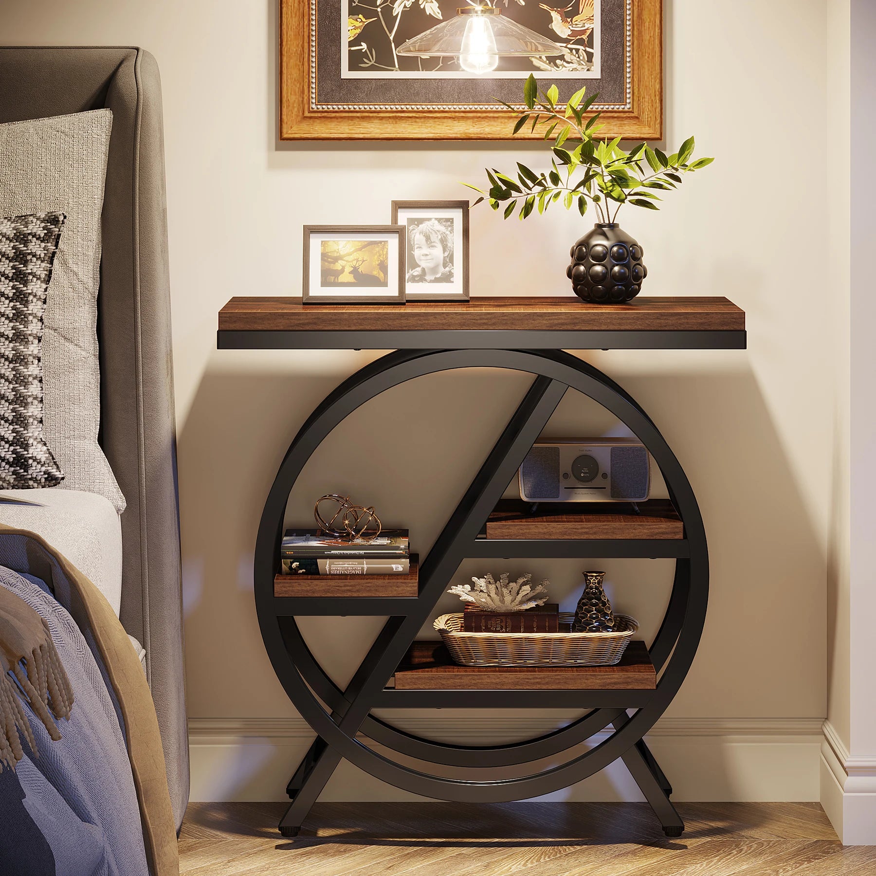 Tribesigns 3-Tier Narrow Side Table — Wood & Geometric Metal Frame