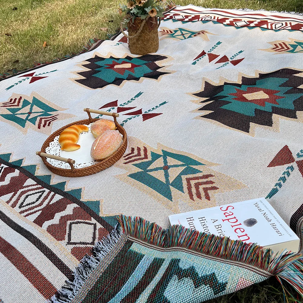 Aztec Boho Throw Blanket with Fringe – Oversized Southwestern Geometric Tapestry, Double-Sided Woven