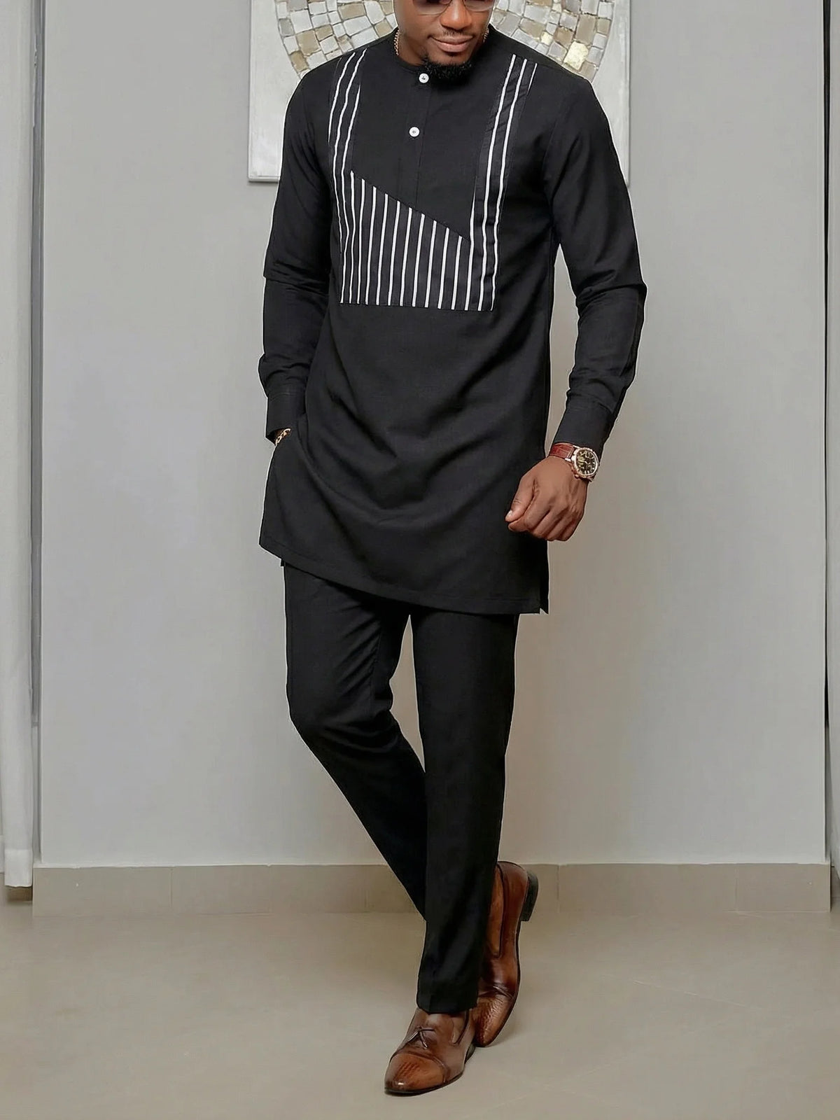 Men's African Kaunda Kaftan Long Sleeve Top & Pants 2-Piece Suit – Traditional Ethnic Wear