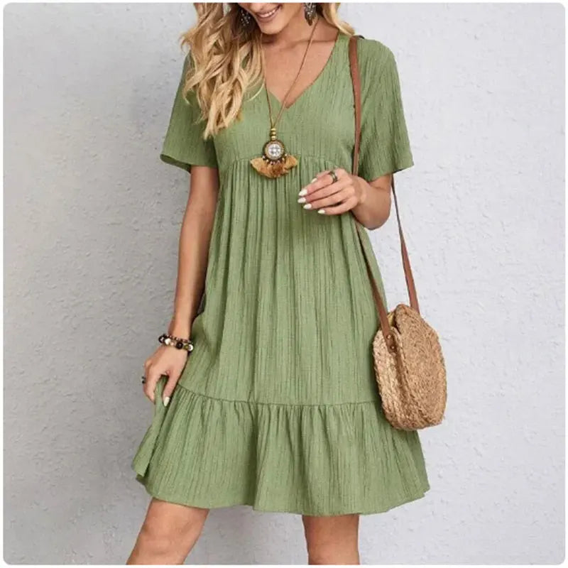 V-Neck Peplum Ruffle Dress — Short Sleeve Fit & Flare Summer Dress