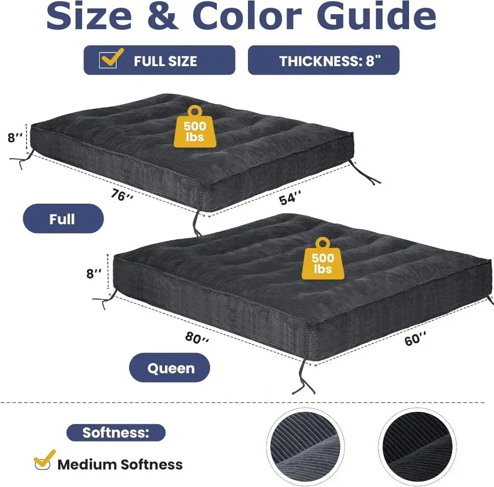Sofa by Day, Bed by Night — 8" Thick Full-Size Futon Mattress | Roll-Up Folding Floor Sleeper, Medium Firm, Corduroy