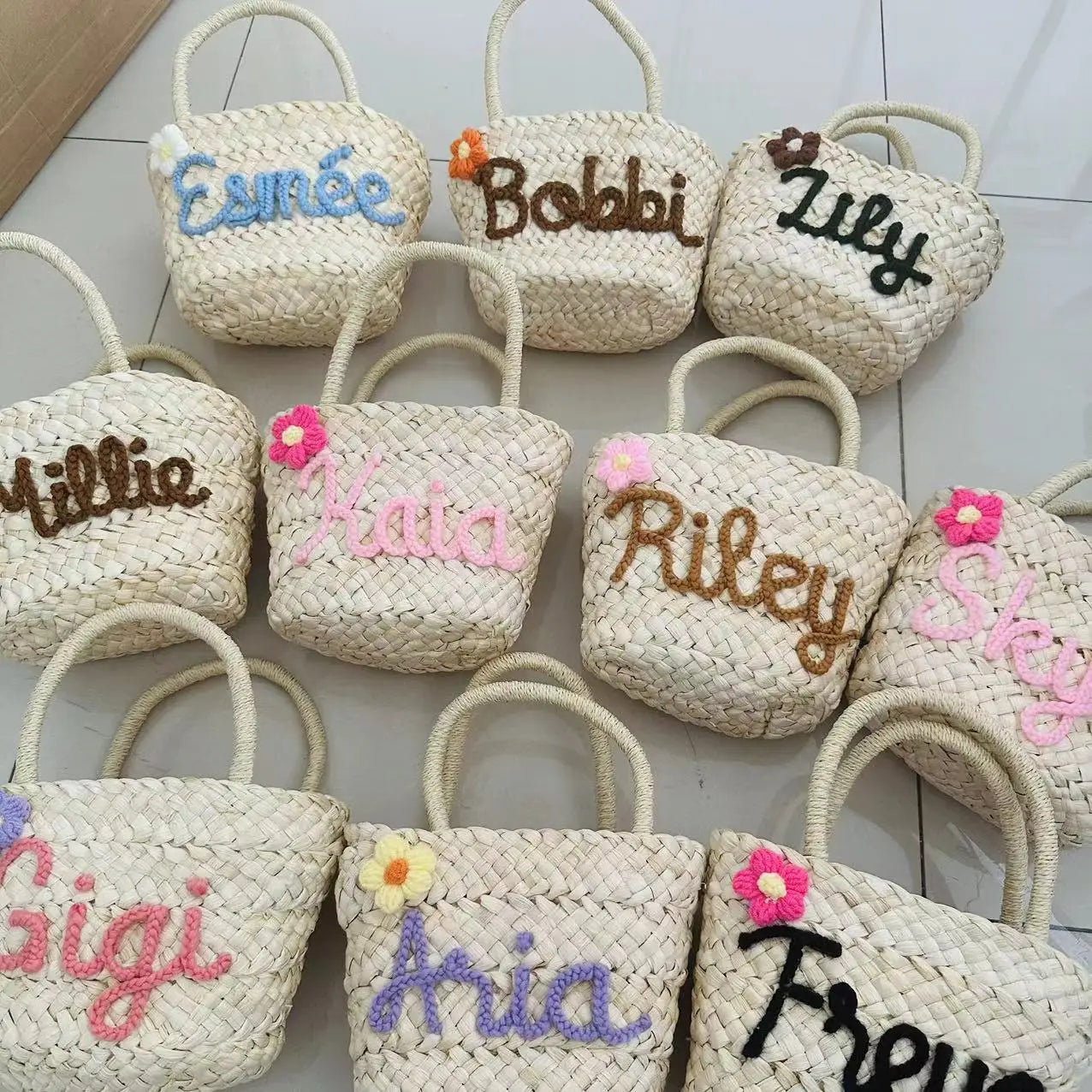 Personalized Handmade Straw Linen Tote Bag – Custom Name Bridesmaid Flower Girl Beach Bridal Party Gift Bag