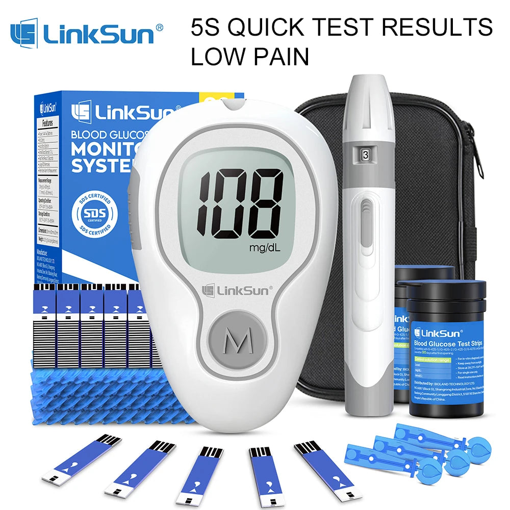 LinkSun G-425-3 Blood Glucose Meter – Complete Glucometer Kit with 10/50/100/200pcs Test Strips & Lancets for Diabetes Monitoring
