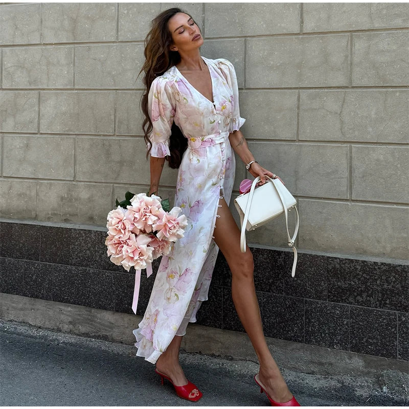 Polka Dot Puff Sleeve Crop Top & Maxi Skirt Set — Square Neck Tie-Front Vacation Outfit