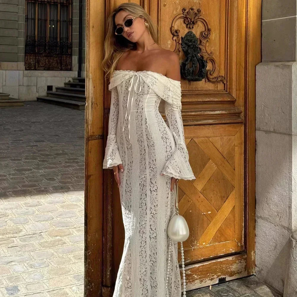 Elegant White Lace Evening Gown — Long Sleeve Wedding & Prom Dress