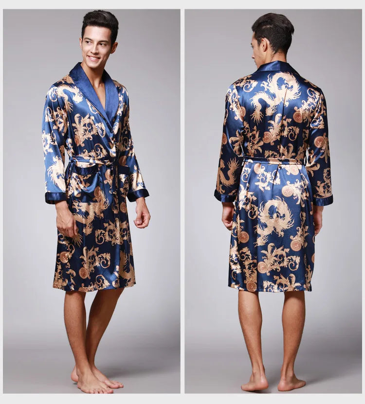 Men's Dragon Print Kimono Bathrobe — Plus Size Satin Robe