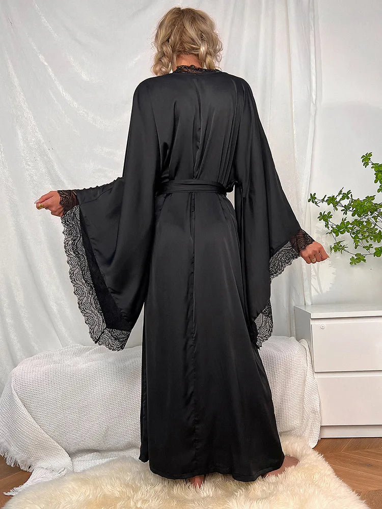 Women's Lace Patchwork Kimono Robe | Flare Sleeve Bridal Wedding Loungewear