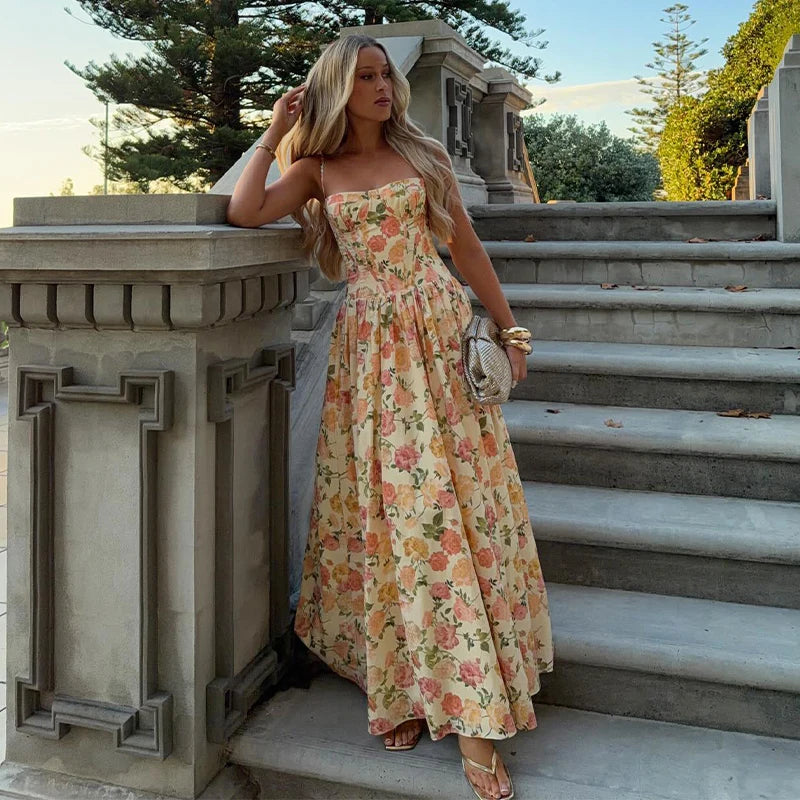 Polka Dot Puff Sleeve Crop Top & Maxi Skirt Set — Square Neck Tie-Front Vacation Outfit