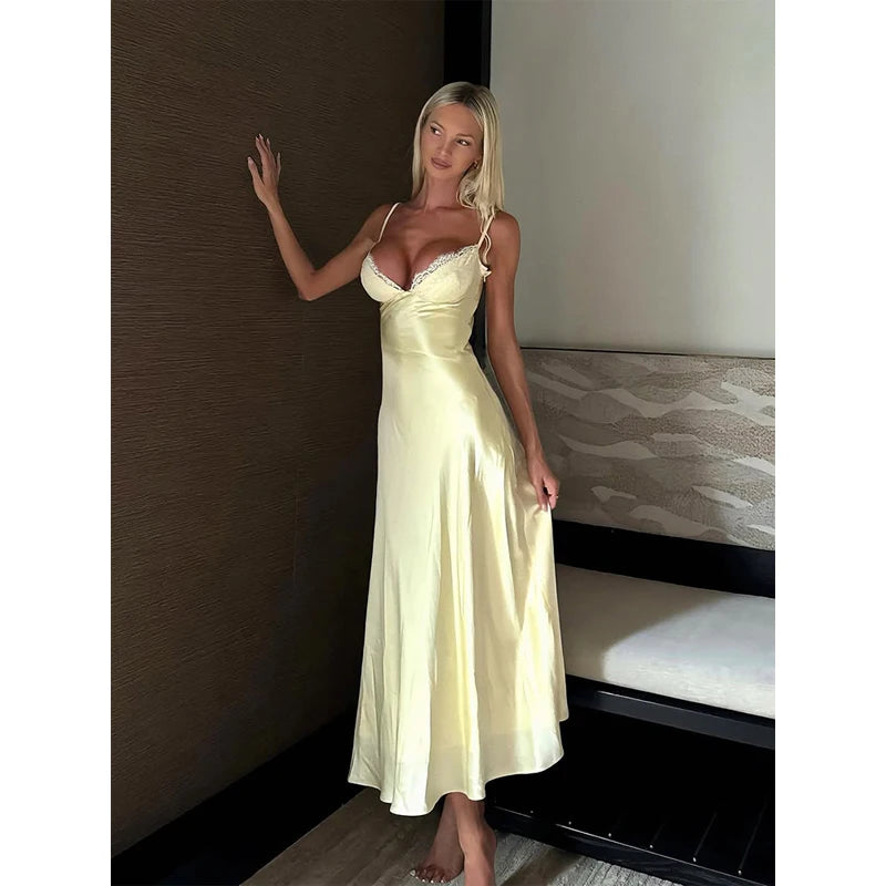 Butter Yellow Satin Bias Cut Lace Patchwork Midi Dress – V-Neck Backless Y2K Party Dress
