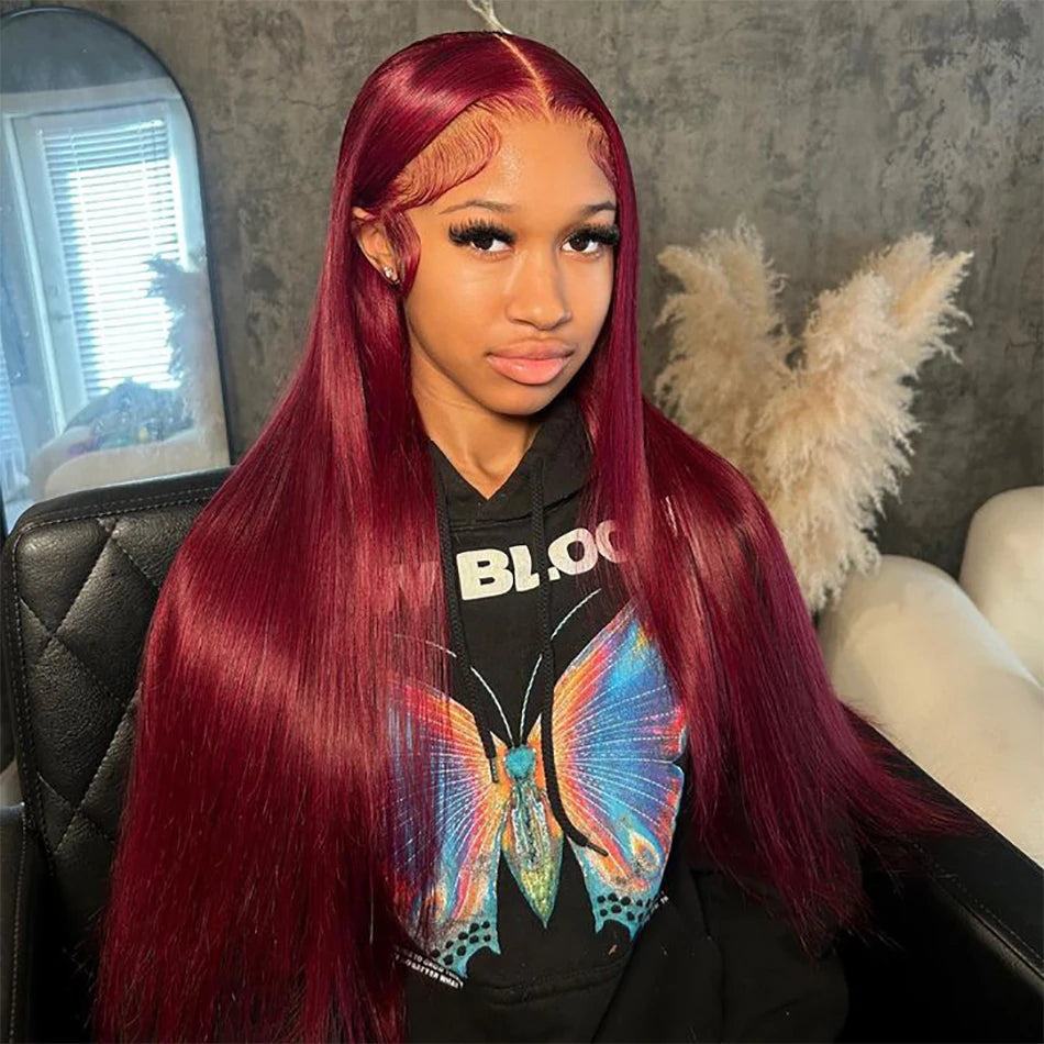 99J Burgundy Straight Lace Front Wig | 13x4 13x6 HD Lace 180% Density Pre-Plucked Peruvian Human Hair