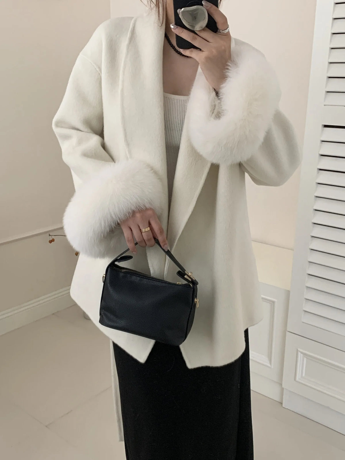 Women's Short Lace-Up Cashmere Wool Coat – Slim Lapel Autumn Winter Outerwear
