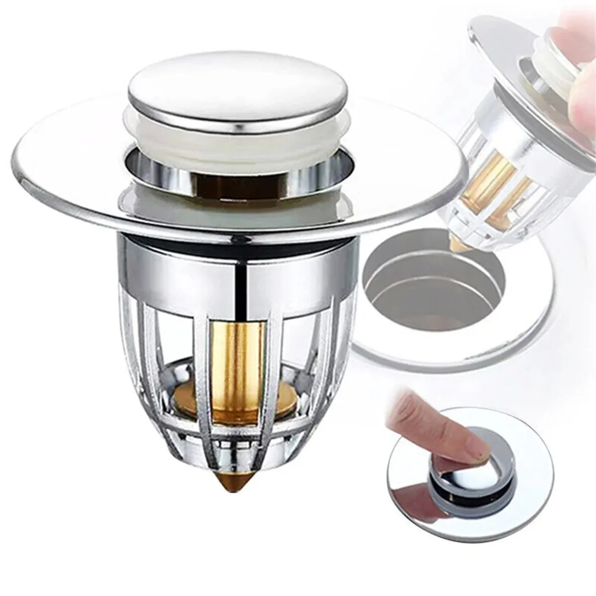 No More Clogged Drains — Pop-Up Chrome Sink Drain Stopper | Universal Rebound Filter with Hair Catcher, Easy Push Type