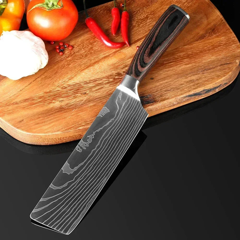 Damascus Kitchen Knife Set — Japanese Santoku, Cleaver, Slicing & Boning Knives
