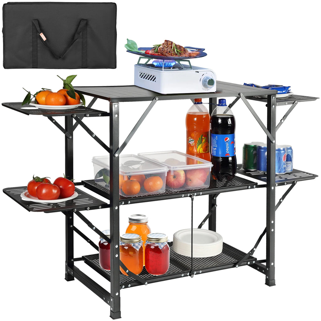 SucceBuy Folding Camping Kitchen Table — Portable Aluminum Cook Station for Outdoor BBQ & Picnics