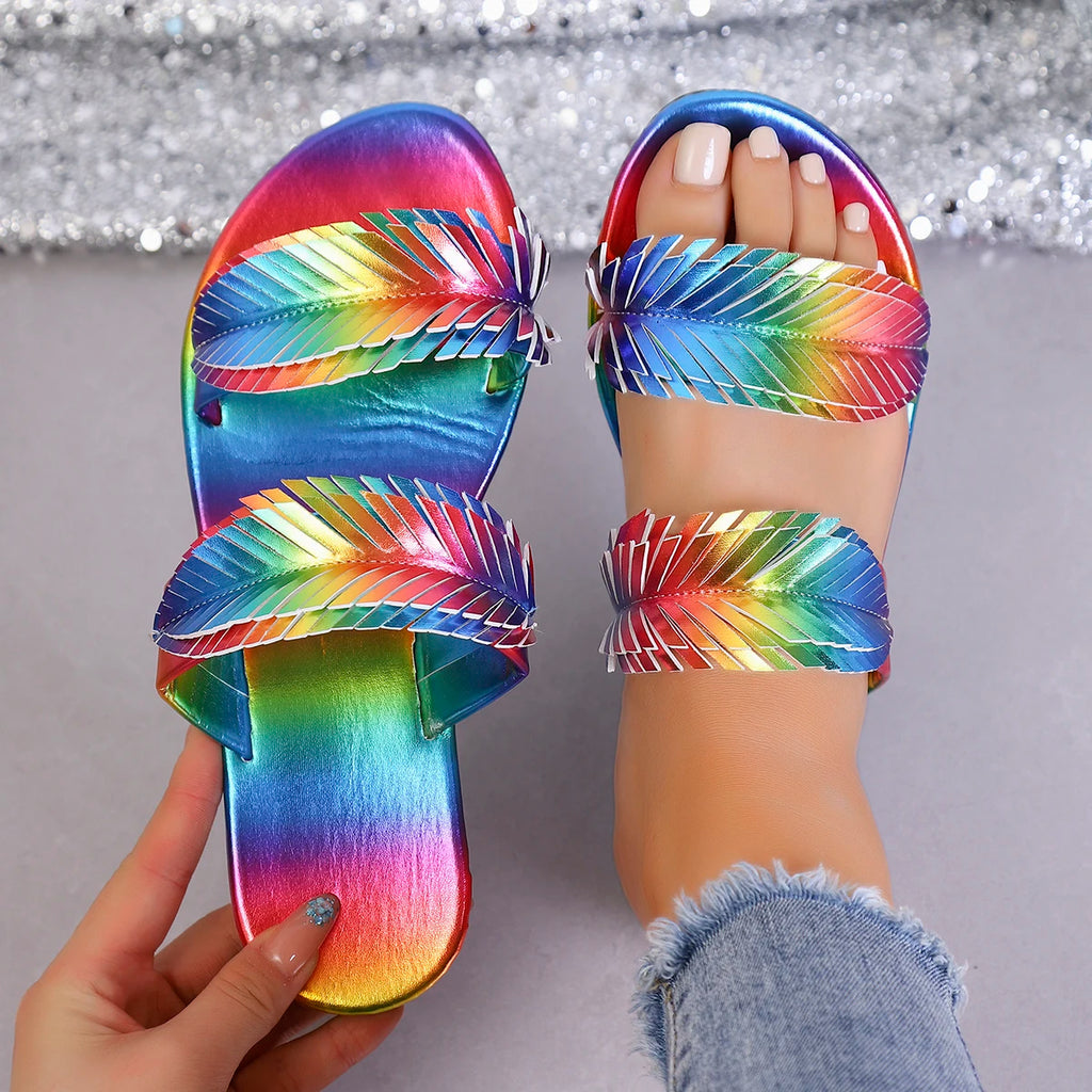 Women's Iridescent Gradient Flat Sandals – Versatile Beach Shoes