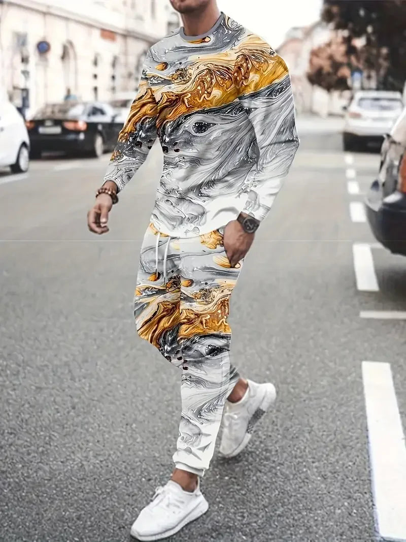 Men's 3D Print Long Sleeve T-Shirt & Jogger Pants Street Tracksuit