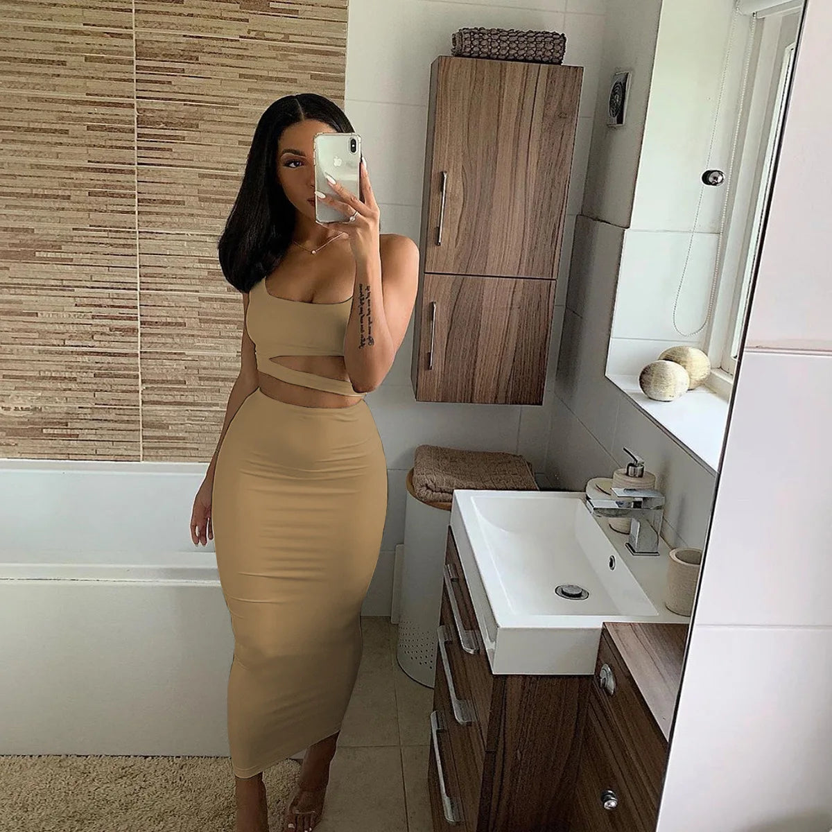 Sexy Pleated Hollow-Out Two-Piece Dress — Elegant Long Night Party Dress