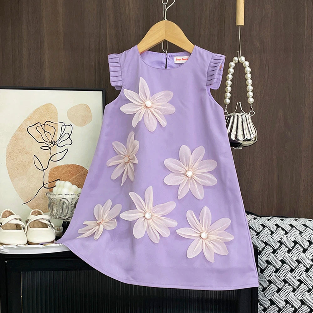 Girls 3D Flower Vest Princess Dress — Wedding & Party Dress (2–7 Years)