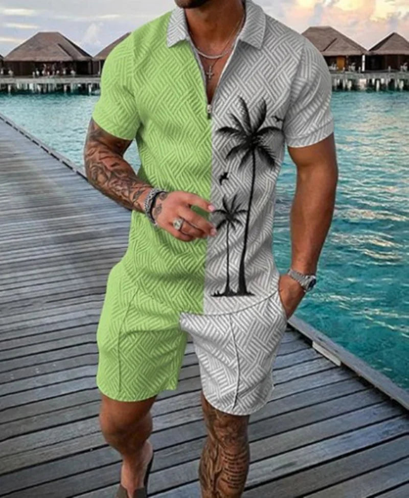 Men's 3D Printed Summer Tracksuit Set – Short Sleeve Polo Shirt & Shorts