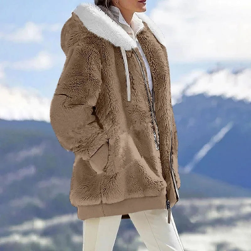 Women's Hooded Zip-Up Fleece Jacket – Loose Casual Solid Color Coat