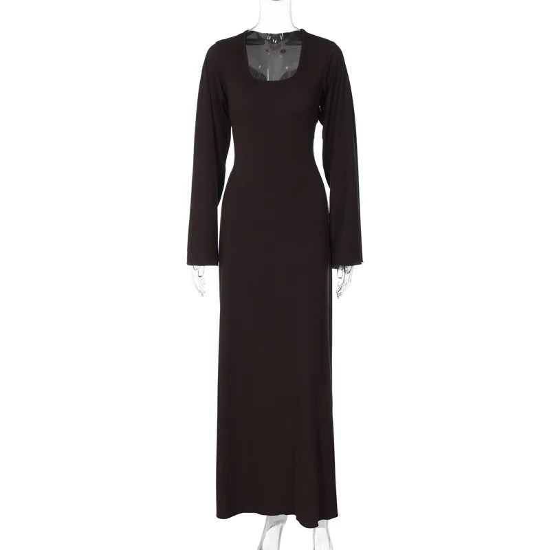 Long Flare Sleeve Maxi Dress — Slim Lace-Up Floor-Length Casual Office Dress