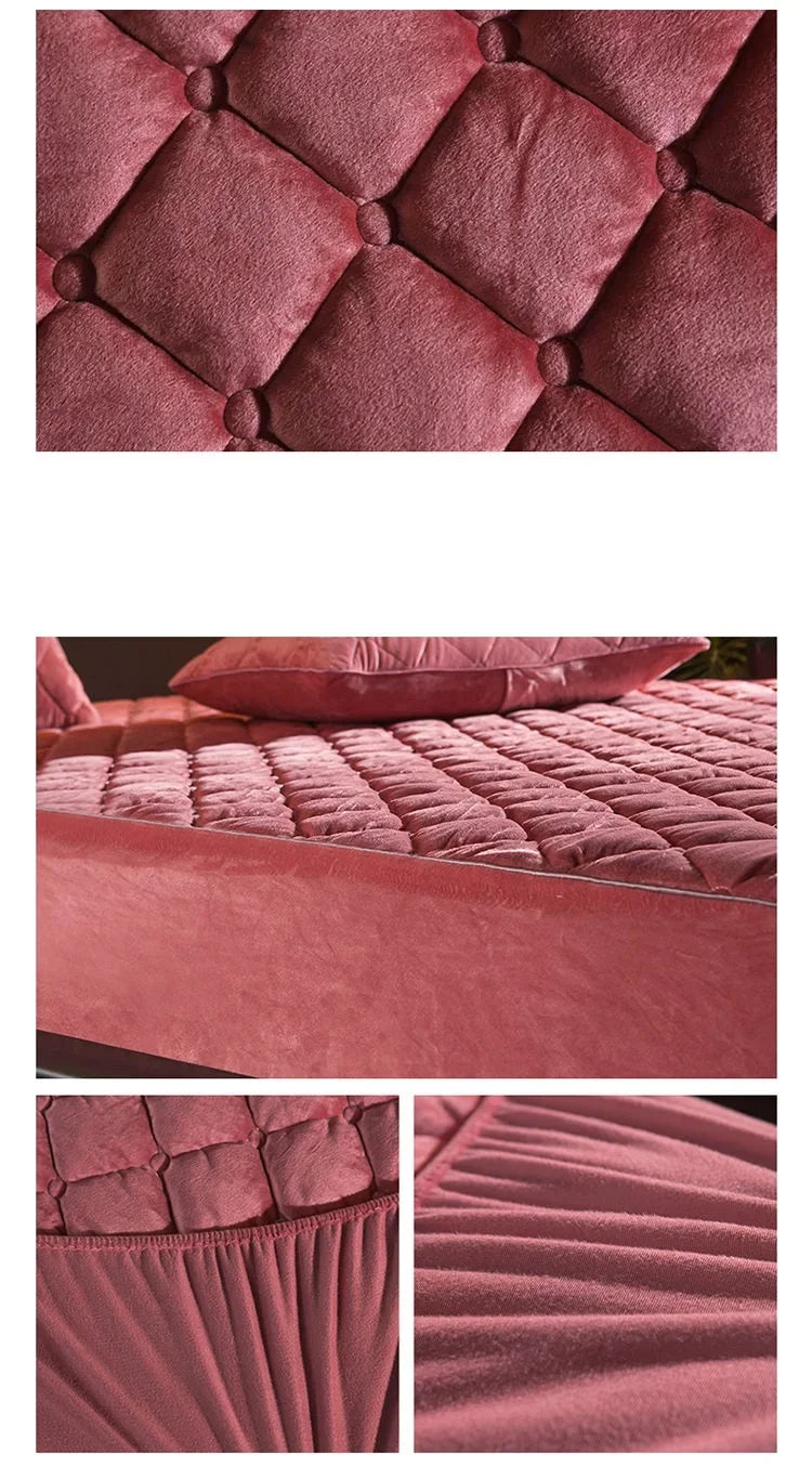 Crystal Velvet Quilted Mattress Cover – Warm Plush Fitted Sheet, Queen & King, No Pillowcase