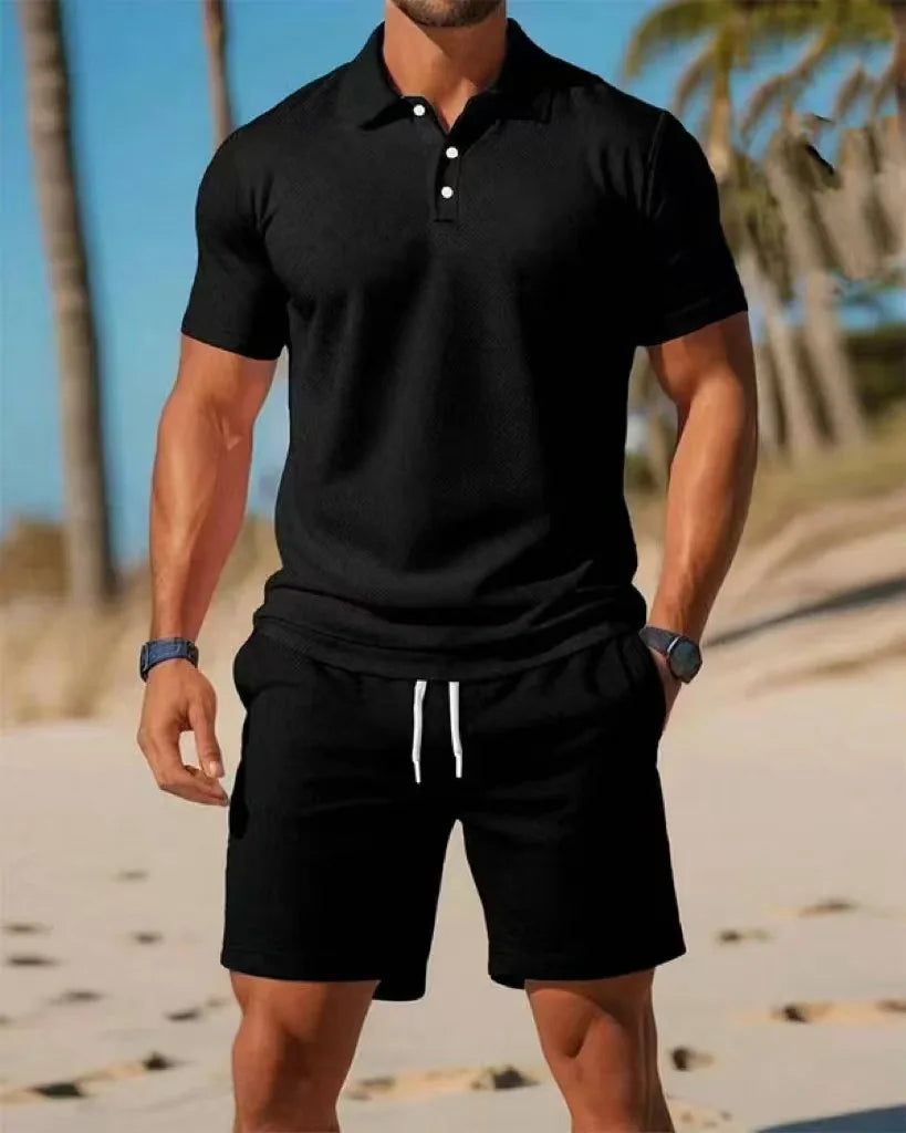 Men's Button-Down Polo Shirt & Breathable Mesh Shorts Set – Casual Versatile Summer Plus Size