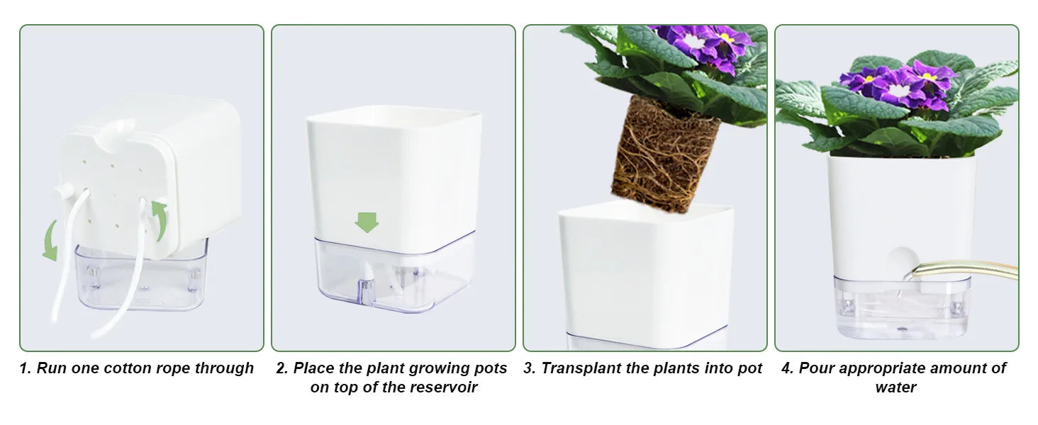 Double-Deck Self-Watering Planter Pot — Magnetic Plastic with Cotton Wick for Indoor & Garden Use