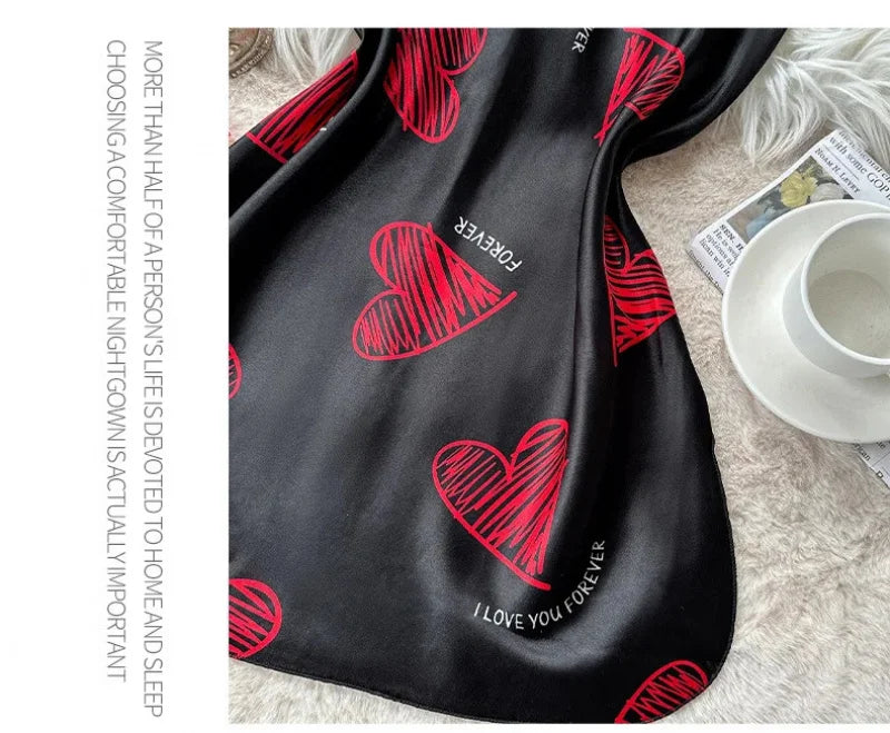 Red Lip Print Satin Slip Nightdress — V-Neck Backless Mini Sleep Dress