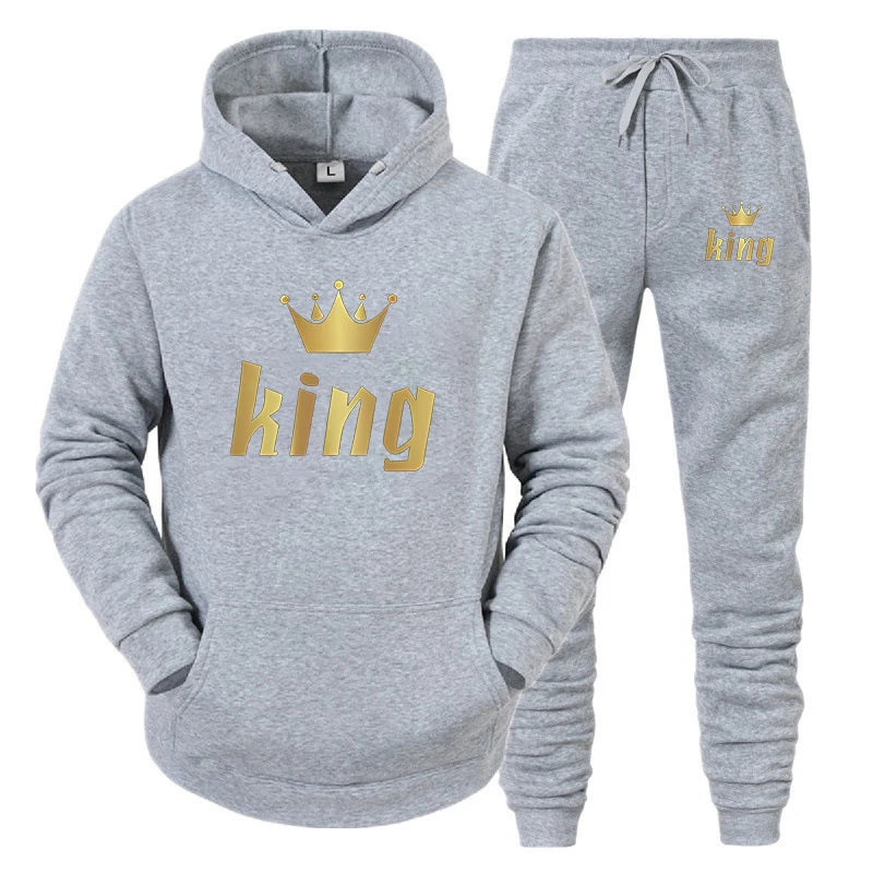 King & Queen Print Hoodie & Pants Set – Couple Autumn Winter Long Sleeve 2-Piece Suit