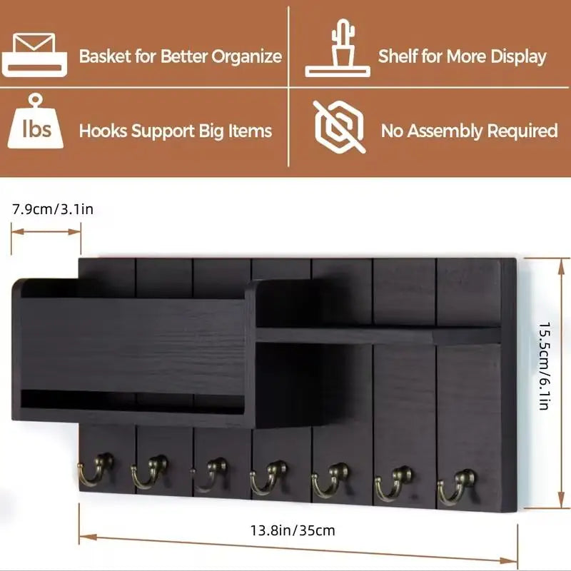 Wall-Mounted Wood Storage Rack with 7 Hooks — Mail, Keys, Glasses & Entryway Organizer
